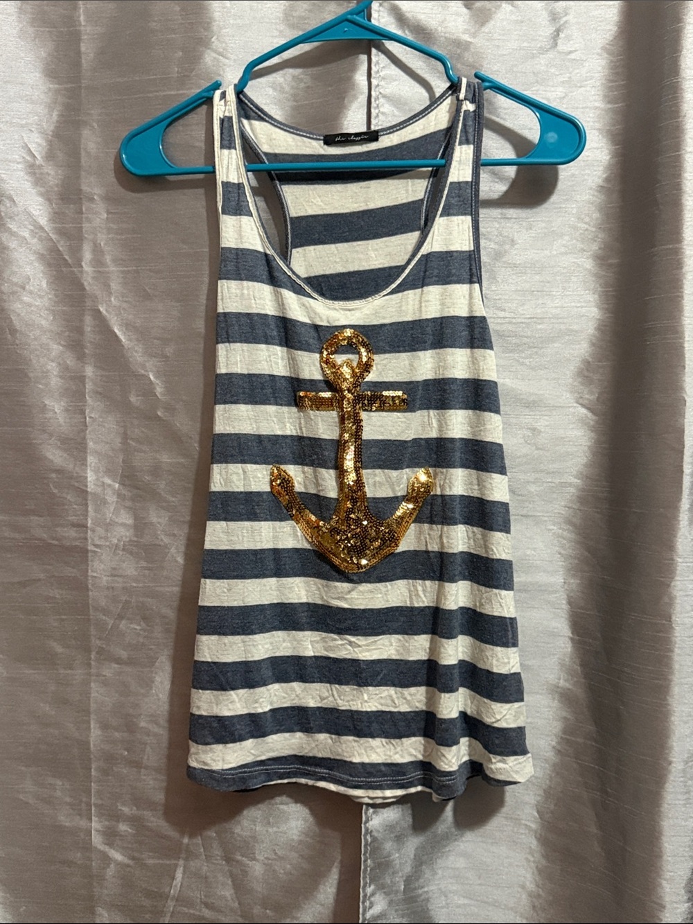 The Classic Navy & White Striped Tank with Gold Sequin Anchor
